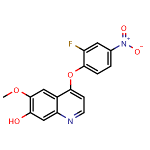 Chemical structure of 4-(2-Fluoro-4-nitrophenoxy)-7-hydroxy-6-methoxyquinoline , CAS 479690-08-9, AChemBlock U136787