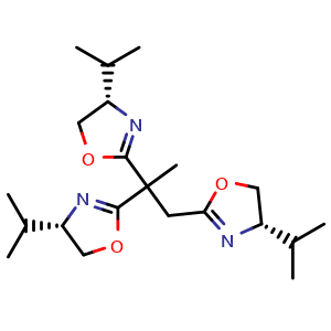 Chemical structure of 1,2,2-Tris[(S)-4-isopropyl-4,5-dihydro-2-oxazolyl]propane , CAS 458563-75-2, AChemBlock U136821