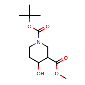 Chemical structure of Methyl N-Boc-4-hydroxypiperidine-3-carboxylate , CAS 406212-51-9, AChemBlock U136940
