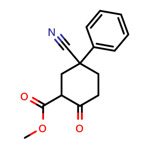 Chemical structure of Methyl 5-cyano-2-oxo-5-phenylcyclohexanecarboxylate , CAS 38289-20-2, AChemBlock U137024