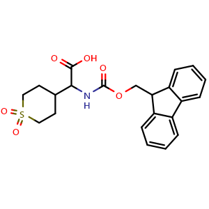 Chemical structure of 2-(fmoc-amino)-2-(1,1-dioxo-4-tetrahydrothiopyranyl)acetic acid , CAS 369402-98-2, AChemBlock U137074