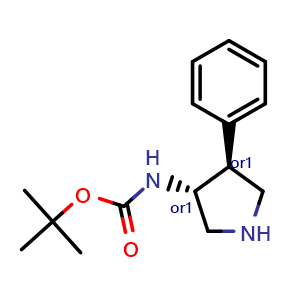 Chemical structure of tert-butyl N-[trans-4-phenylpyrrolidin-3-yl]carbamate , CAS 351360-61-7, AChemBlock U137143