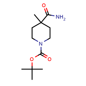 Chemical structure of 1-Boc-4-methylpiperidine-4-carboxamide , CAS 343788-67-0, AChemBlock U137173