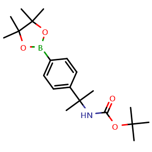 Chemical structure of tert-butyl (2-(4-(4,4,5,5-tetramethyl-1,3,2-dioxaborolan-2-yl)phenyl)propan-2-yl)carbamate , CAS 335592-60-4, AChemBlock U137211