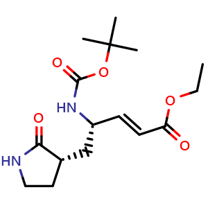 Chemical structure of Ethyl (S,E)-4-(Boc-amino)-5-[(S)-2-oxo-3-pyrrolidinyl]-2-pentenoate , CAS 328086-54-0, AChemBlock U137253