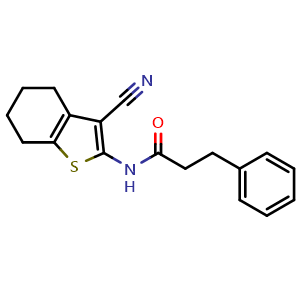 Chemical structure of N-(3-Cyano-4,5,6,7-tetrahydro-2-benzothienyl)-3-phenylpropanamide , CAS 321945-24-8, AChemBlock U137273