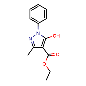 Chemical structure of Ethyl 5-Hydroxy-3-methyl-1-phenylpyrazole-4-carboxylate , CAS 29711-06-6, AChemBlock U137365