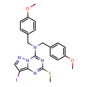 Chemical structure of 8-iodo-N,N-bis[(4-methoxyphenyl)methyl]-2-methylsulfanyl-pyrazolo[1,5-a][1,3,5]triazin-4-amine , CAS 2651202-13-8, AChemBlock U137473