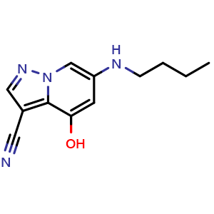 Chemical structure of 6-(butylamino)-4-hydroxy-pyrazolo[1,5-a]pyridine-3-carbonitrile , CAS 2649420-21-1, AChemBlock U137485