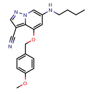 Chemical structure of 6-(butylamino)-4-[(4-methoxyphenyl)methoxy]pyrazolo[1,5-a]pyridine-3-carbonitrile , CAS 2649420-20-0, AChemBlock U137486