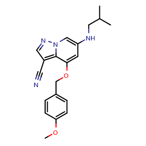 Chemical structure of 6-(isobutylamino)-4-[(4-methoxyphenyl)methoxy]pyrazolo[1,5-a]pyridine-3-carbonitrile , CAS 2649420-17-5, AChemBlock U137488