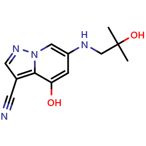 Chemical structure of 4-hydroxy-6-[(2-hydroxy-2-methyl-propyl)amino]pyrazolo[1,5-a]pyridine-3-carbonitrile , CAS 2649420-09-5, AChemBlock U137489