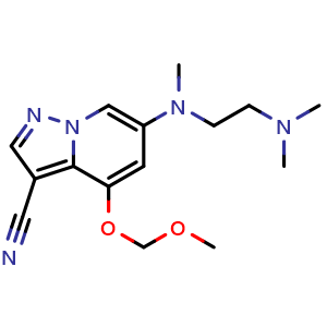 Chemical structure of 6-[2-(dimethylamino)ethyl-methyl-amino]-4-(methoxymethoxy)pyrazolo[1,5-a]pyridine-3-carbonitrile , CAS 2649420-06-2, AChemBlock U137491
