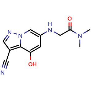 Chemical structure of 2-[(3-cyano-4-hydroxy-pyrazolo[1,5-a]pyridin-6-yl)amino]-N,N-dimethyl-acetamide , CAS 2649420-01-7, AChemBlock U137492