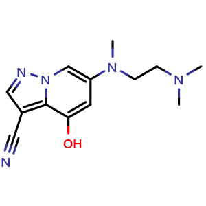 Chemical structure of 6-[2-(dimethylamino)ethyl-methyl-amino]-4-hydroxy-pyrazolo[1,5-a]pyridine-3-carbonitrile , CAS 2649419-98-5, AChemBlock U137493