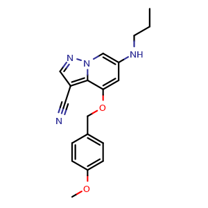 Chemical structure of 4-[(4-methoxyphenyl)methoxy]-6-(propylamino)pyrazolo[1,5-a]pyridine-3-carbonitrile , CAS 2649419-94-1, AChemBlock U137496