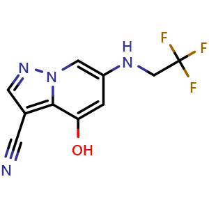 Chemical structure of 4-hydroxy-6-(2,2,2-trifluoroethylamino)pyrazolo[1,5-a]pyridine-3-carbonitrile , CAS 2649419-92-9, AChemBlock U137497