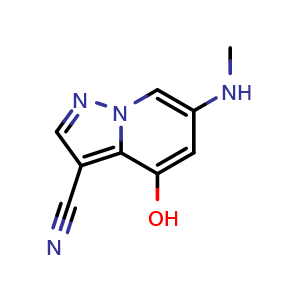 Chemical structure of 4-hydroxy-6-(methylamino)pyrazolo[1,5-a]pyridine-3-carbonitrile , CAS 2649419-82-7, AChemBlock U137499
