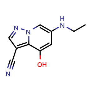 Chemical structure of 6-(ethylamino)-4-hydroxy-pyrazolo[1,5-a]pyridine-3-carbonitrile , CAS 2649419-76-9, AChemBlock U137502