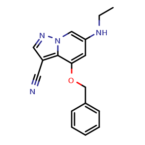 Chemical structure of 4-benzyloxy-6-(ethylamino)pyrazolo[1,5-a]pyridine-3-carbonitrile , CAS 2649419-75-8, AChemBlock U137503