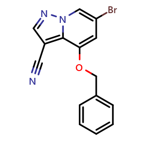 Chemical structure of 4-benzyloxy-6-bromo-pyrazolo[1,5-a]pyridine-3-carbonitrile , CAS 2649419-74-7, AChemBlock U137504