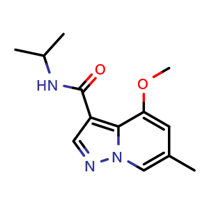 Chemical structure of N-isopropyl-4-methoxy-6-methyl-pyrazolo[1,5-a]pyridine-3-carboxamide , CAS 2649419-05-4, AChemBlock U137507