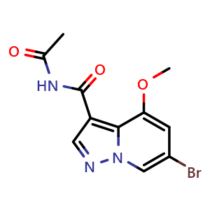 Chemical structure of N-acetyl-6-bromo-4-methoxy-pyrazolo[1,5-a]pyridine-3-carboxamide , CAS 2649418-91-5, AChemBlock U137510