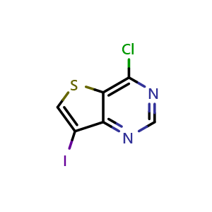 Chemical structure of 4-chloro-7-iodo-thieno[3,2-d]pyrimidine , CAS 2649045-84-9, AChemBlock U137520