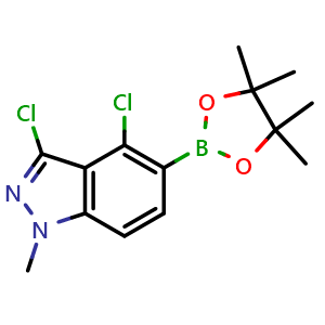 Chemical structure of 3,4-dichloro-1-methyl-5-(4,4,5,5-tetramethyl-1,3,2-dioxaborolan-2-yl)indazole , CAS 2648847-51-0, AChemBlock U137521