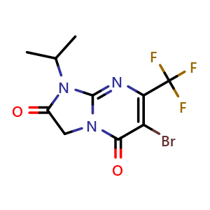 Chemical structure of 6-bromo-1-isopropyl-7-(trifluoromethyl)-3H-imidazo[1,2-a]pyrimidine-2,5-dione , CAS 2648792-97-4, AChemBlock U137525