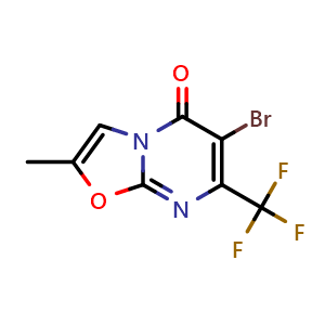 Chemical structure of 6-bromo-2-methyl-7-(trifluoromethyl)oxazolo[3,2-a]pyrimidin-5-one , CAS 2648792-93-0, AChemBlock U137526