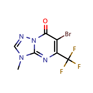 Chemical structure of 6-bromo-3-methyl-5-(trifluoromethyl)-[1,2,4]triazolo[1,5-a]pyrimidin-7-one , CAS 2648792-72-5, AChemBlock U137530