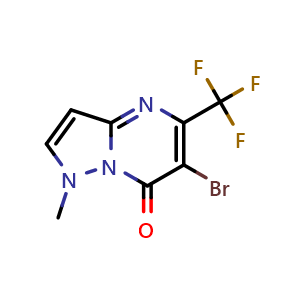 Chemical structure of 6-bromo-1-methyl-5-(trifluoromethyl)pyrazolo[1,5-a]pyrimidin-7-one , CAS 2648792-52-1, AChemBlock U137533