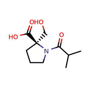 Chemical structure of (2R)-2-(hydroxymethyl)-1-(2-methylpropanoyl)pyrrolidine-2-carboxylic acid , CAS 2641702-14-7, AChemBlock U137556