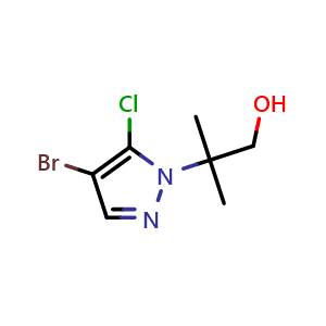 Chemical structure of 2-(4-bromo-5-chloro-pyrazol-1-yl)-2-methyl-propan-1-ol , CAS 2641062-98-6, AChemBlock U137563