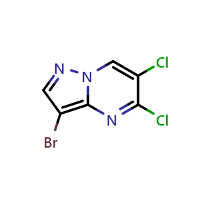 Chemical structure of 3-bromo-5,6-dichloro-pyrazolo[1,5-a]pyrimidine , CAS 2640353-29-1, AChemBlock U137565