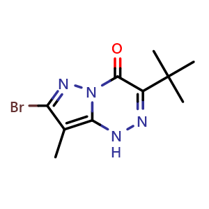 Chemical structure of 7-bromo-3-tert-butyl-8-methyl-1H-pyrazolo[5,1-c][1,2,4]triazin-4-one , CAS 2639766-13-3, AChemBlock U137579