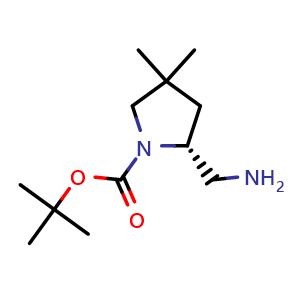 Chemical structure of tert-butyl (2R)-2-(aminomethyl)-4,4-dimethyl-pyrrolidine-1-carboxylate , CAS 2639624-59-0, AChemBlock U137582