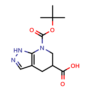 Chemical structure of 7-tert-butoxycarbonyl-1,4,5,6-tetrahydropyrazolo[3,4-b]pyridine-5-carboxylic acid , CAS 2639459-78-0, AChemBlock U137587