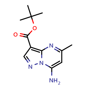 Chemical structure of tert-butyl 7-amino-5-methyl-pyrazolo[1,5-a]pyrimidine-3-carboxylate , CAS 2639416-59-2, AChemBlock U137600