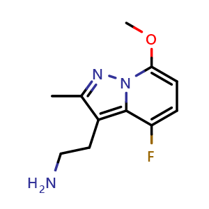 Chemical structure of 2-(4-fluoro-7-methoxy-2-methyl-pyrazolo[1,5-a]pyridin-3-yl)ethanamine , CAS 2637443-25-3, AChemBlock U137613