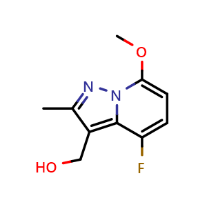 Chemical structure of (4-fluoro-7-methoxy-2-methyl-pyrazolo[1,5-a]pyridin-3-yl)methanol , CAS 2637443-16-2, AChemBlock U137614