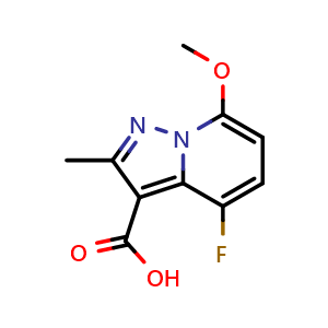 Chemical structure of 4-fluoro-7-methoxy-2-methyl-pyrazolo[1,5-a]pyridine-3-carboxylic acid , CAS 2637443-12-8, AChemBlock U137615