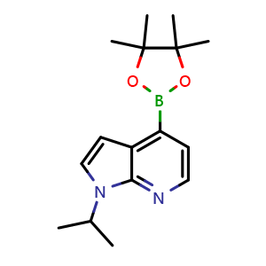 Chemical structure of 1-isopropyl-4-(4,4,5,5-tetramethyl-1,3,2-dioxaborolan-2-yl)pyrrolo[2,3-b]pyridine , CAS 2628351-53-9, AChemBlock U137622
