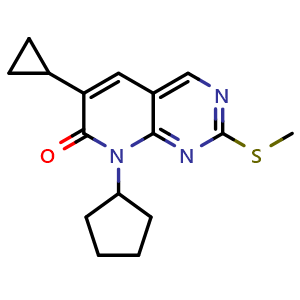 Chemical structure of 8-cyclopentyl-6-cyclopropyl-2-(methylthio)pyrido[2,3-d]pyrimidin-7(8H)-one , CAS 2612220-04-7, AChemBlock U137631