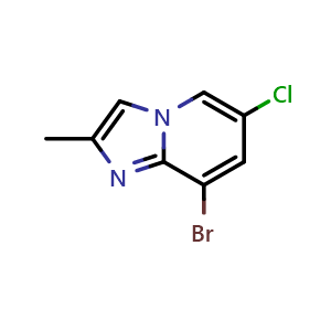 Chemical structure of 8-bromo-6-chloro-2-methyl-imidazo[1,2-a]pyridine , CAS 2602460-36-4, AChemBlock U137637