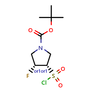Chemical structure of tert-butyl cis-3-chlorosulfonyl-4-fluoro-pyrrolidine-1-carboxylate , CAS 2592399-27-2, AChemBlock U137643