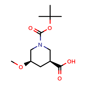 Chemical structure of (3S,5R)-1-tert-butoxycarbonyl-5-methoxy-piperidine-3-carboxylic acid , CAS 2580093-37-2, AChemBlock U137648