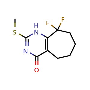 Chemical structure of 9,9-difluoro-2-methylsulfanyl-5,6,7,8-tetrahydro-1H-cyclohepta[d]pyrimidin-4-one , CAS 2459401-27-3, AChemBlock U137707