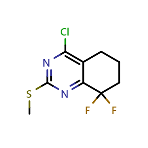 Chemical structure of 4-chloro-8,8-difluoro-2-methylsulfanyl-6,7-dihydro-5H-quinazoline , CAS 2459401-15-9, AChemBlock U137708